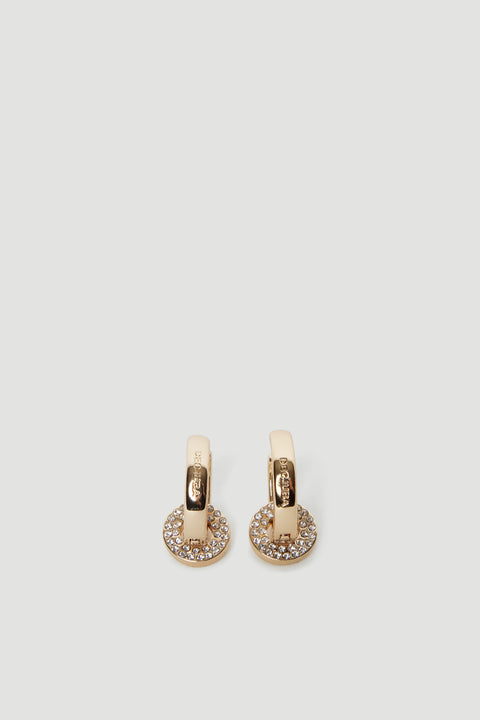 Gold-toned hoop earrings with rhinestone-encrusted circular pendants and engraved logo detail for everyday elegance