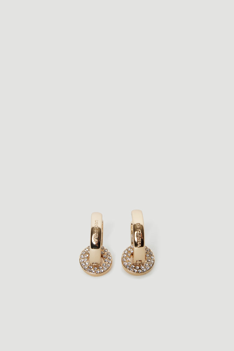 Gold-toned hoop earrings with rhinestone-encrusted circular pendants and engraved logo detail for everyday elegance