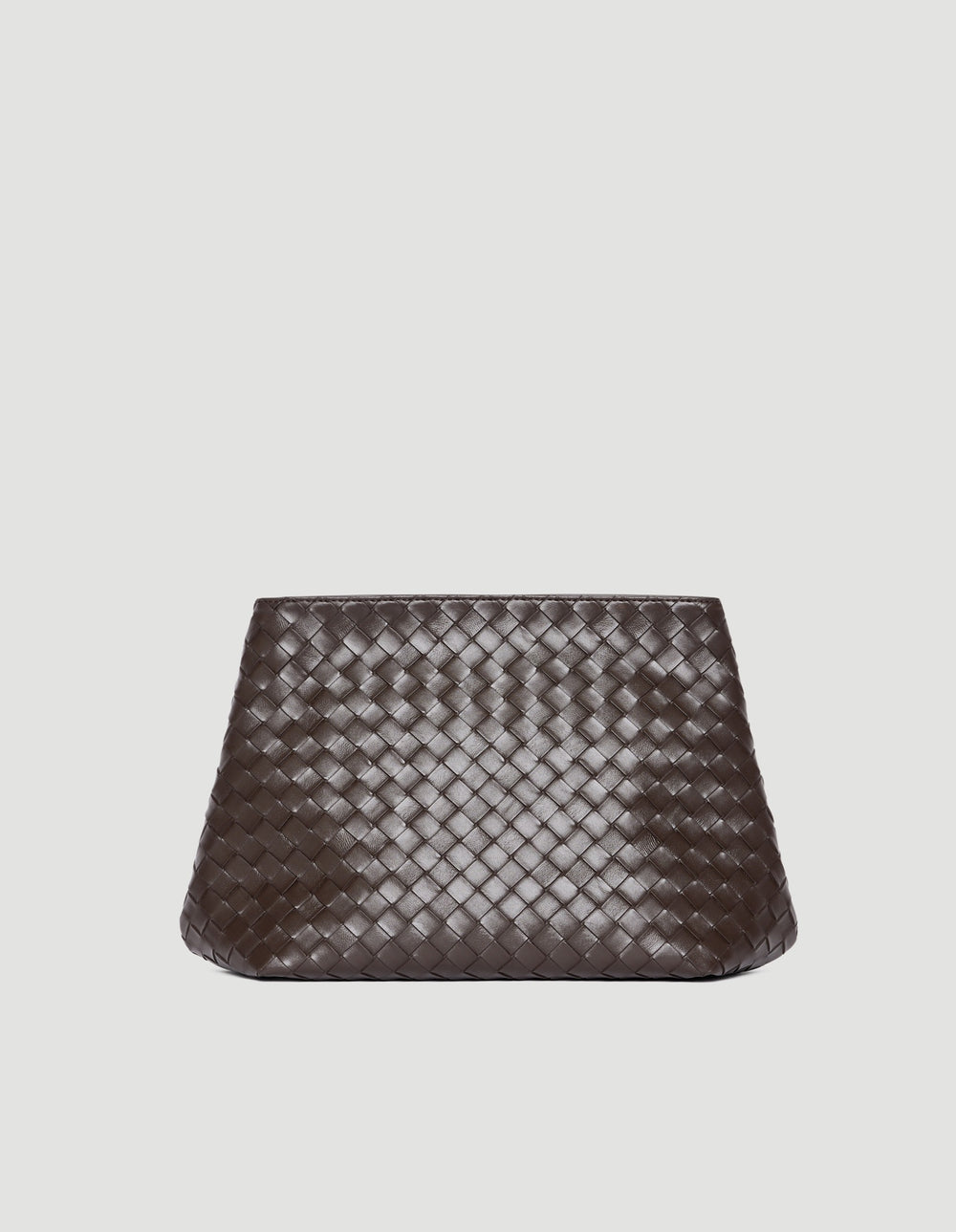 Smooth dark brown woven clutch bag with a structured shape on a neutral background