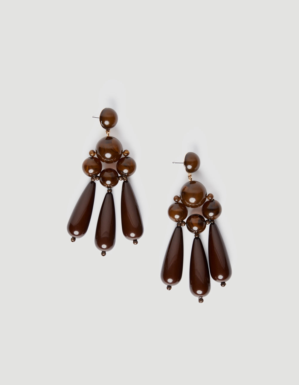 Pair of dark chocolate beaded drop earrings with three elongated teardrop pendants and round bead clusters