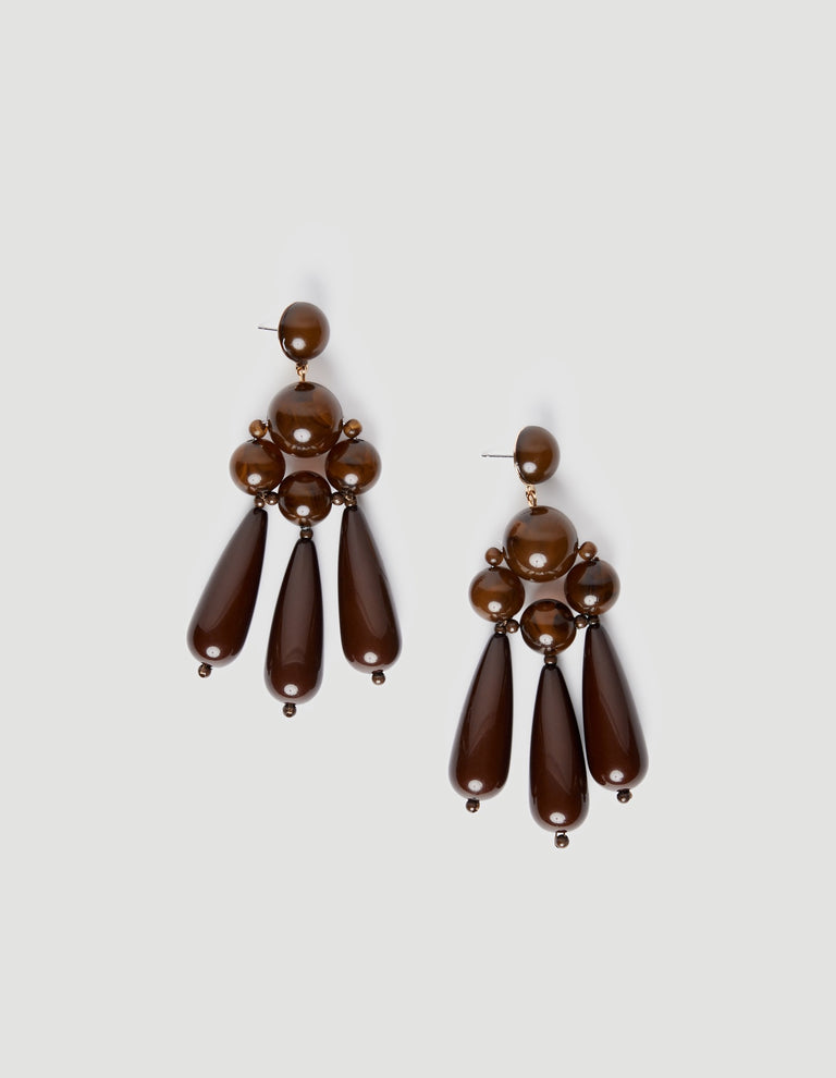 Pair of dark chocolate beaded drop earrings with three elongated teardrop pendants and round bead clusters
