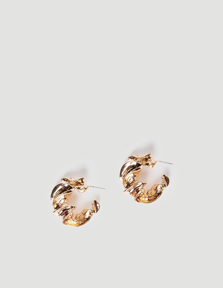 Pair of shiny gold crinkle hoop earrings with stud closures displayed on a light background