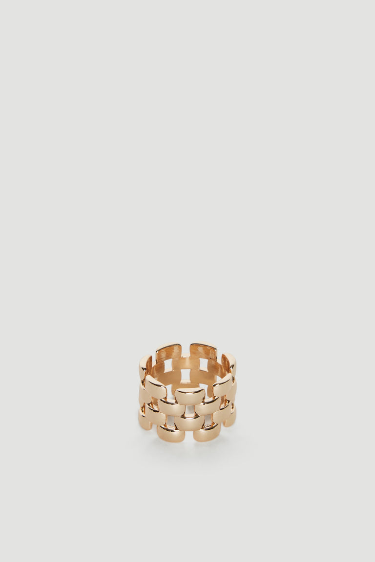 Wide shiny gold ring featuring an open weave design creating an intricate textured pattern