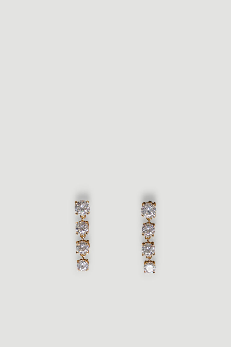 Delicate gold-tone earrings featuring a vertical line of four sparkling diamante stones for elegant everyday wear.
