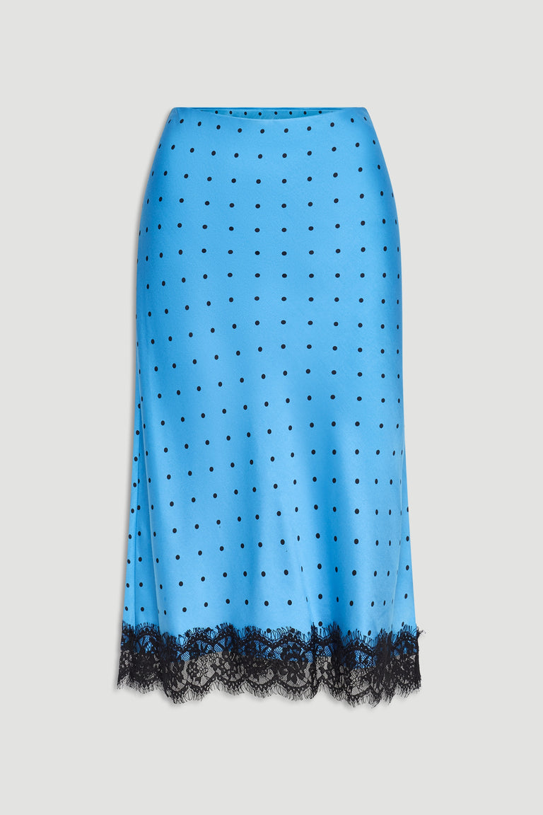 Blue midi skirt with black polka dots and delicate black lace trim along the hem for a feminine finish