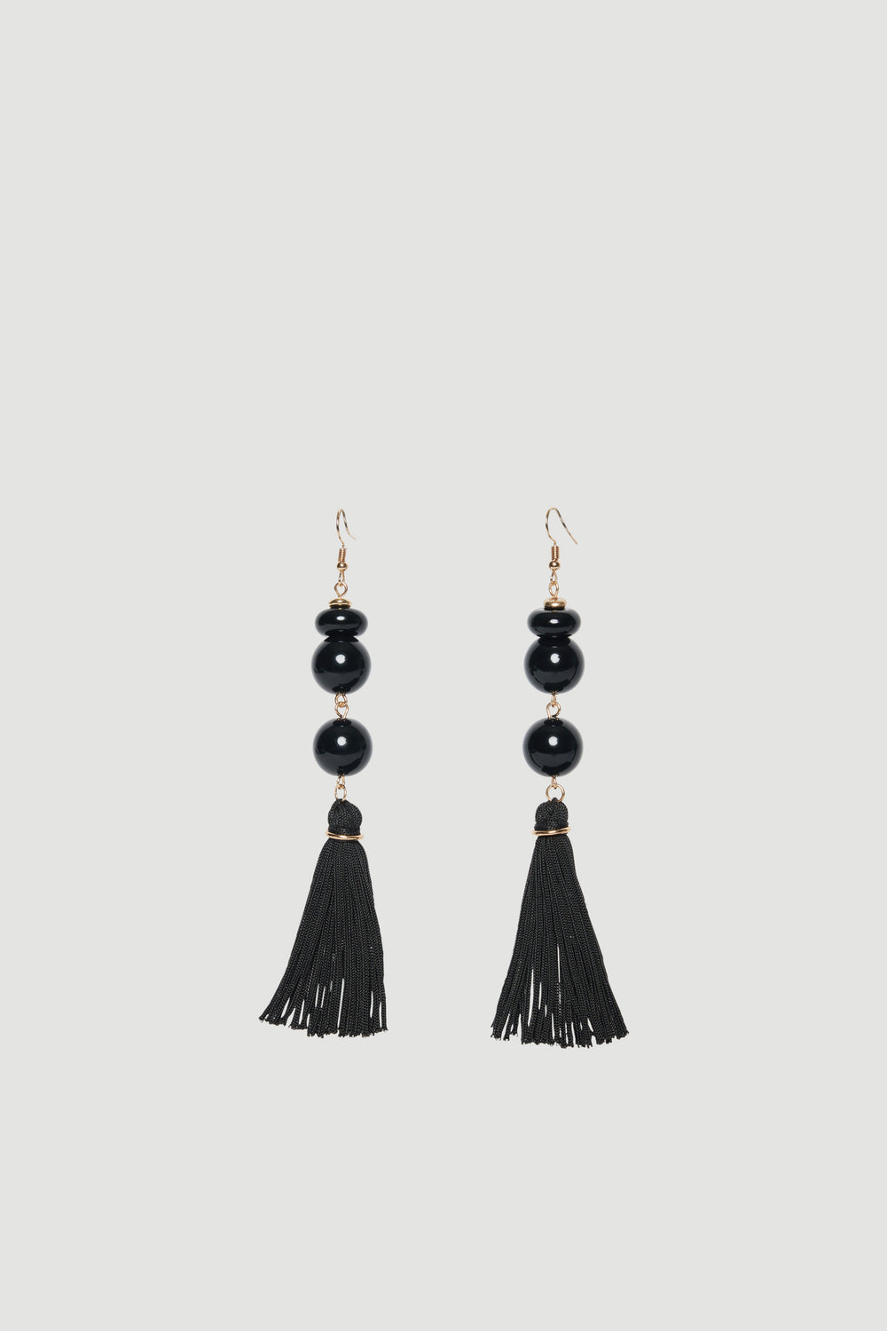 Black beaded drop earrings with long tassels