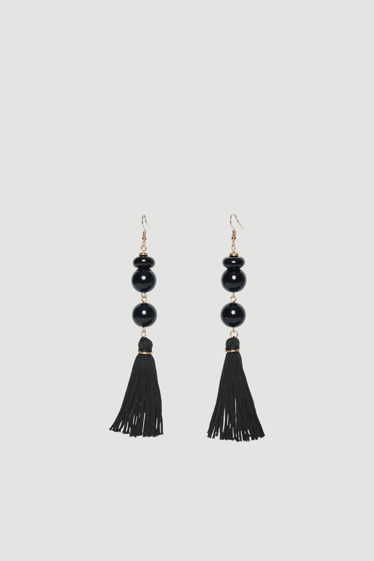 Black beaded drop earrings with long tassels