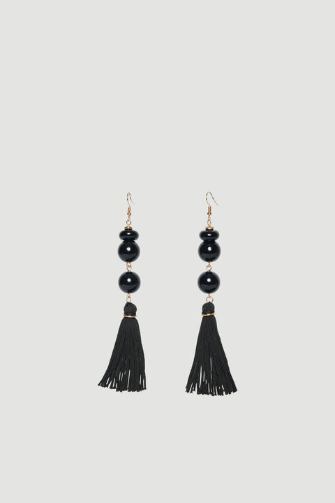 Black beaded drop earrings with long tassels