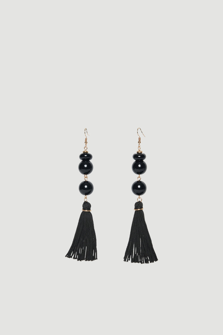 Black beaded drop earrings with long tassels