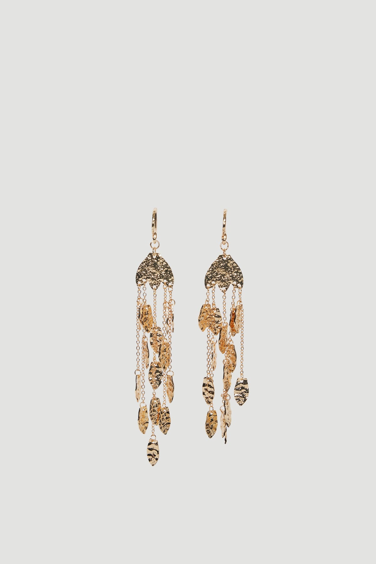Gold tiered leaf drop earrings with hammered metal details