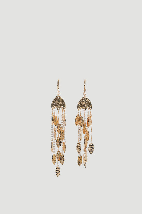 Gold tiered leaf drop earrings with hammered metal details