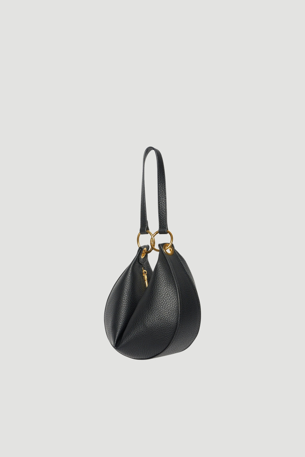 Black half circle shoulder bag with soft textured finish and gold hardware