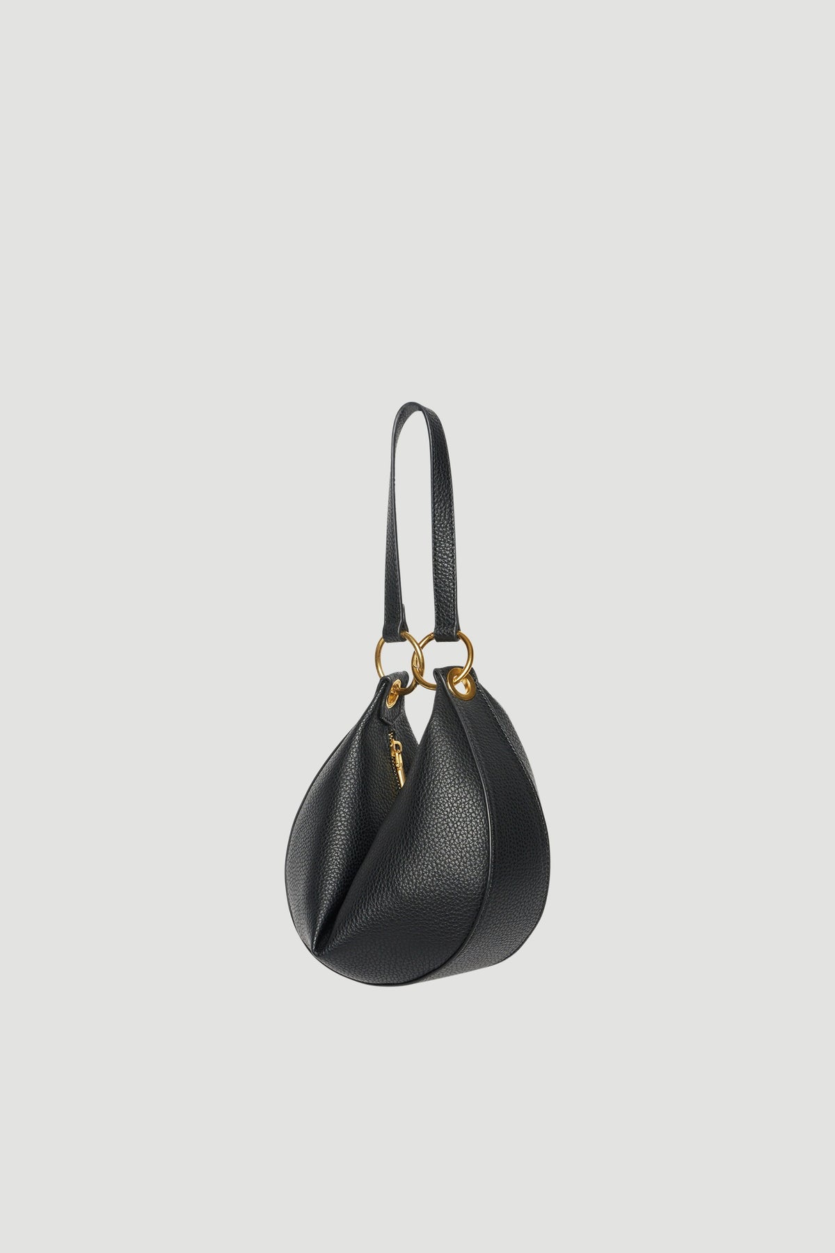 Black half circle shoulder bag with soft textured finish and gold hardware