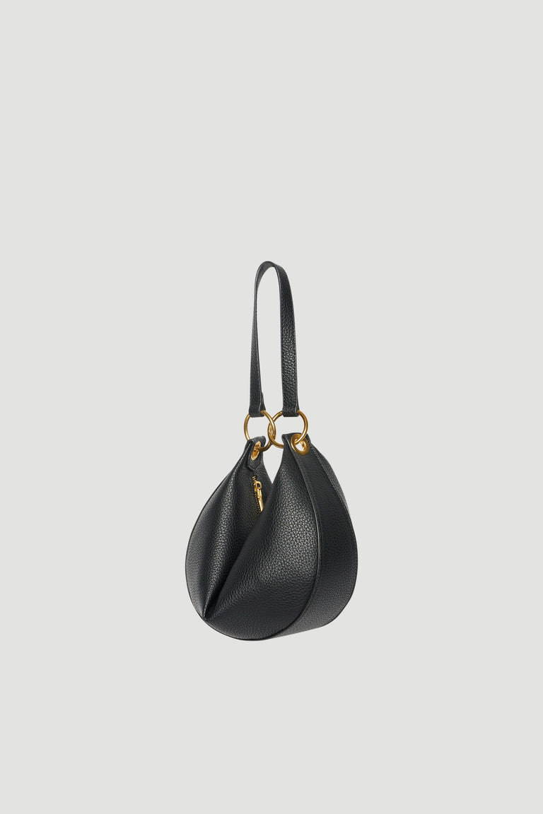 Black half circle shoulder bag with soft textured finish and gold hardware