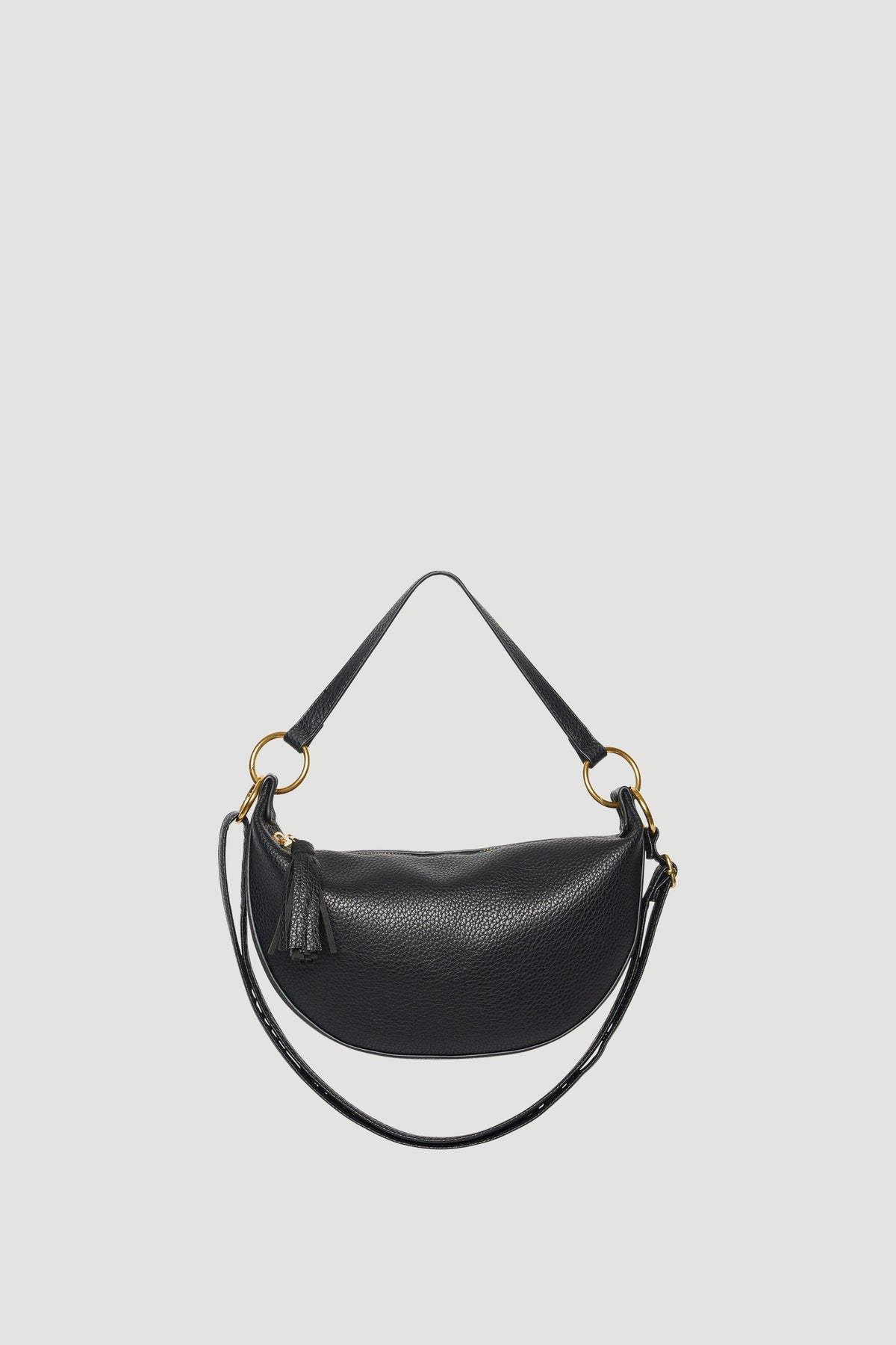 Black half moon shoulder bag with gold hardware and adjustable strap