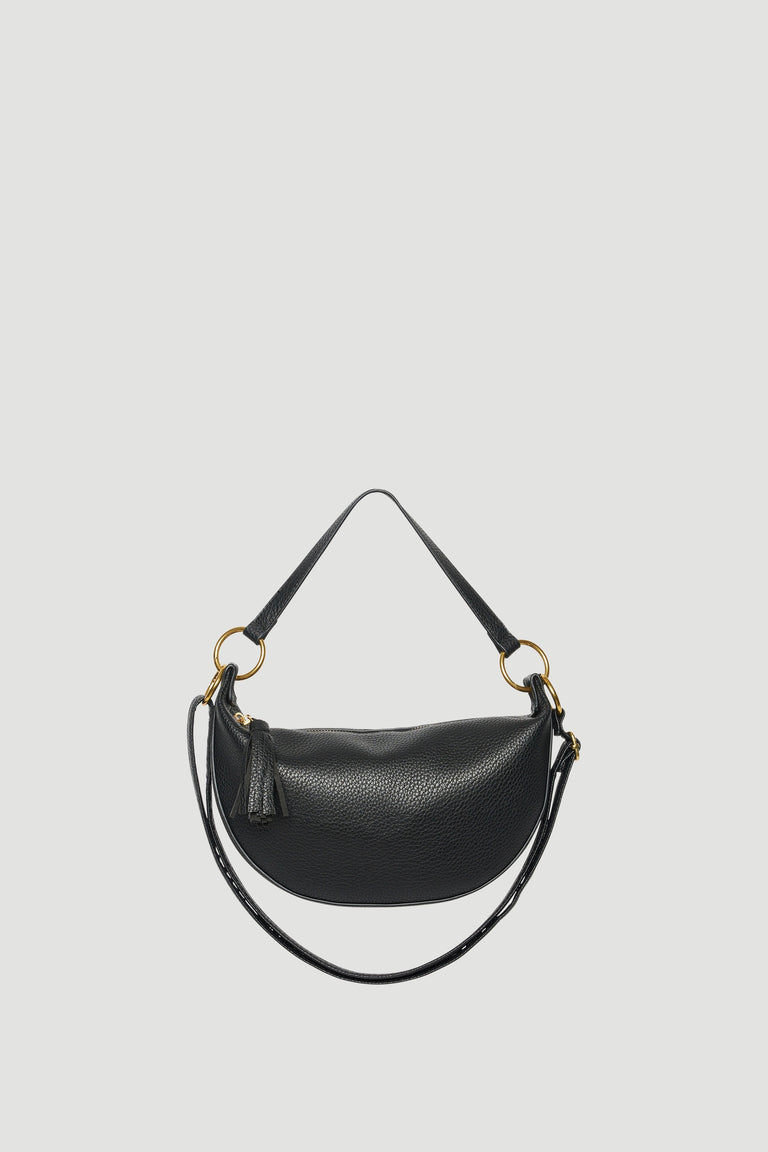 Black half moon shoulder bag with gold hardware and adjustable strap
