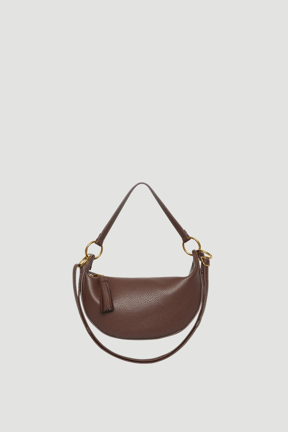 Brown half moon shoulder bag with a soft textured finish and gold hardware