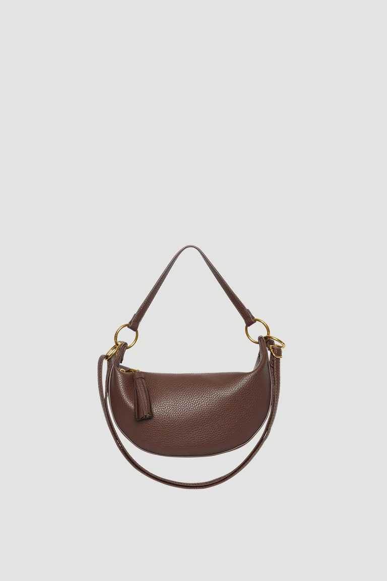 Brown half moon shoulder bag with a soft textured finish and gold hardware