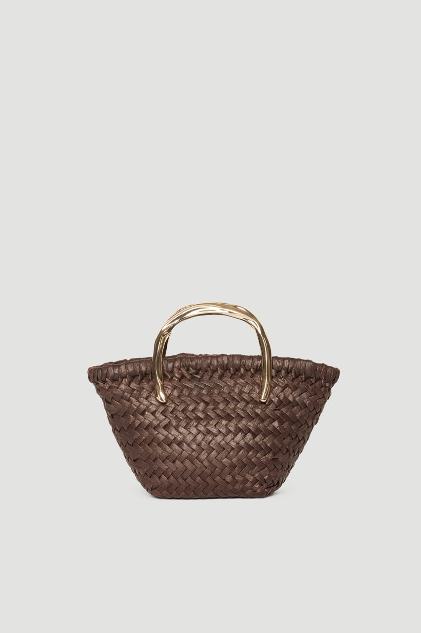 Brown woven paper weave bag with polished gold metal handles