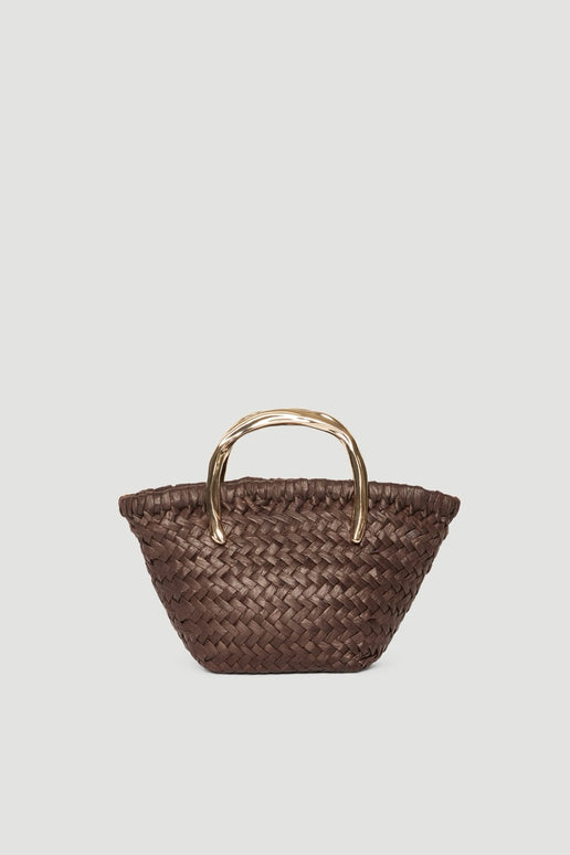 Brown woven paper weave bag with polished gold metal handles