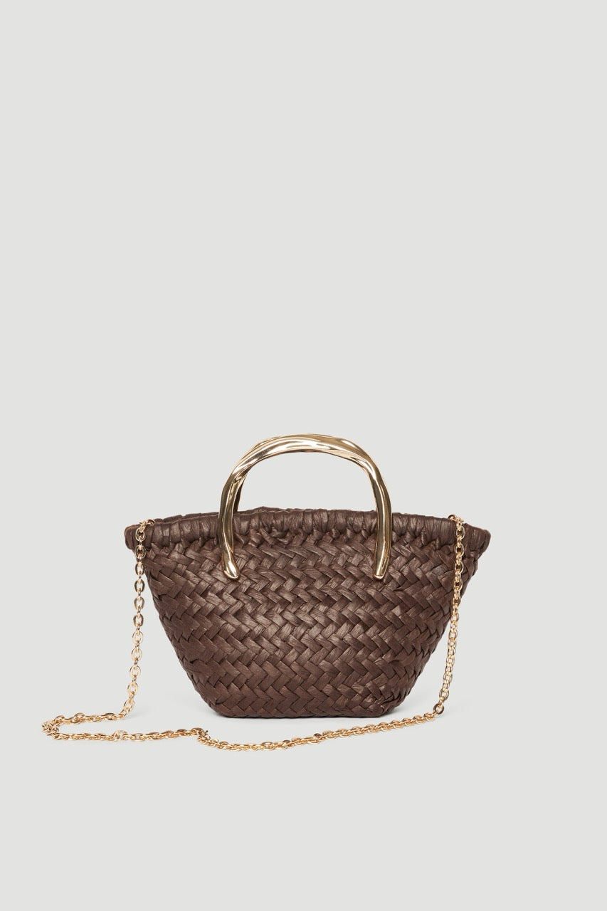 Brown woven crossbody bag with gold metal handles and chain strap