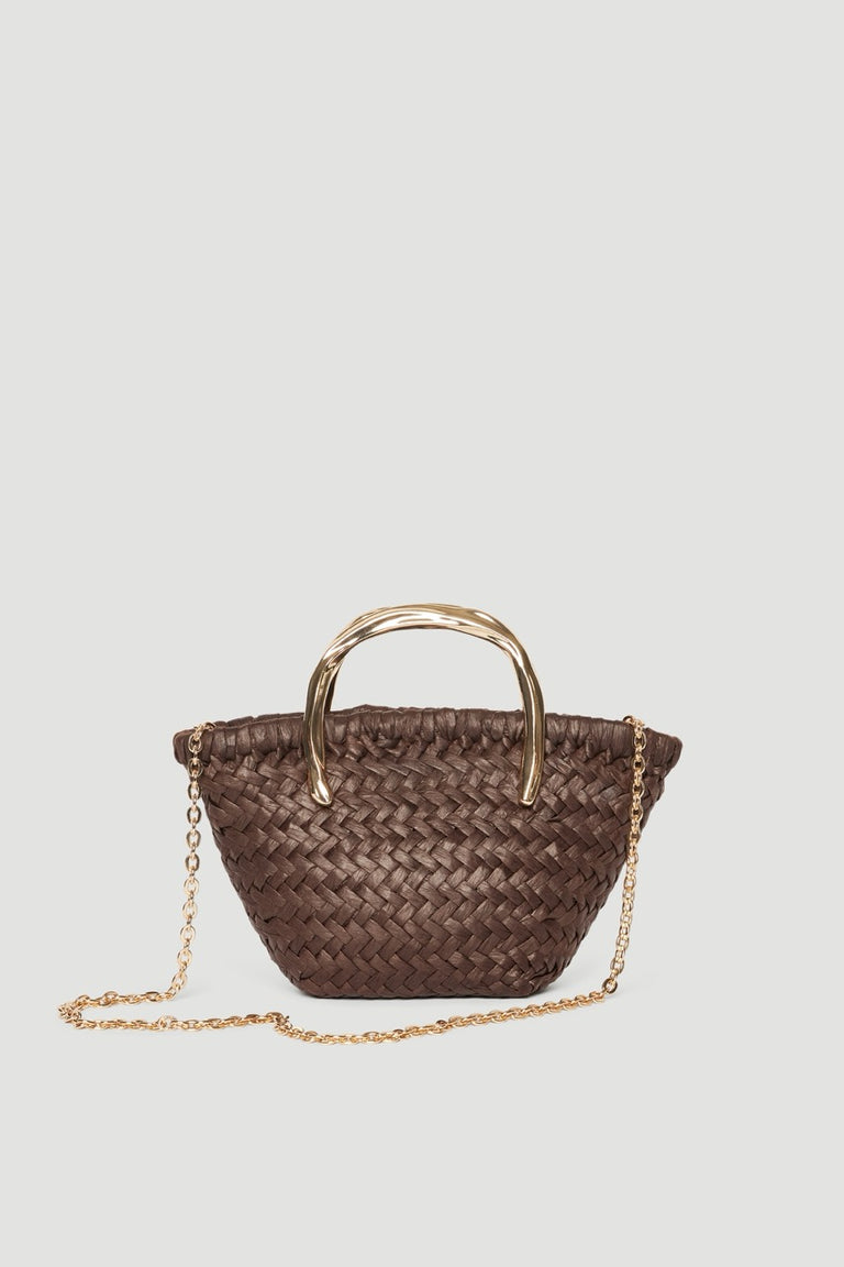 Brown woven crossbody bag with gold metal handles and chain strap