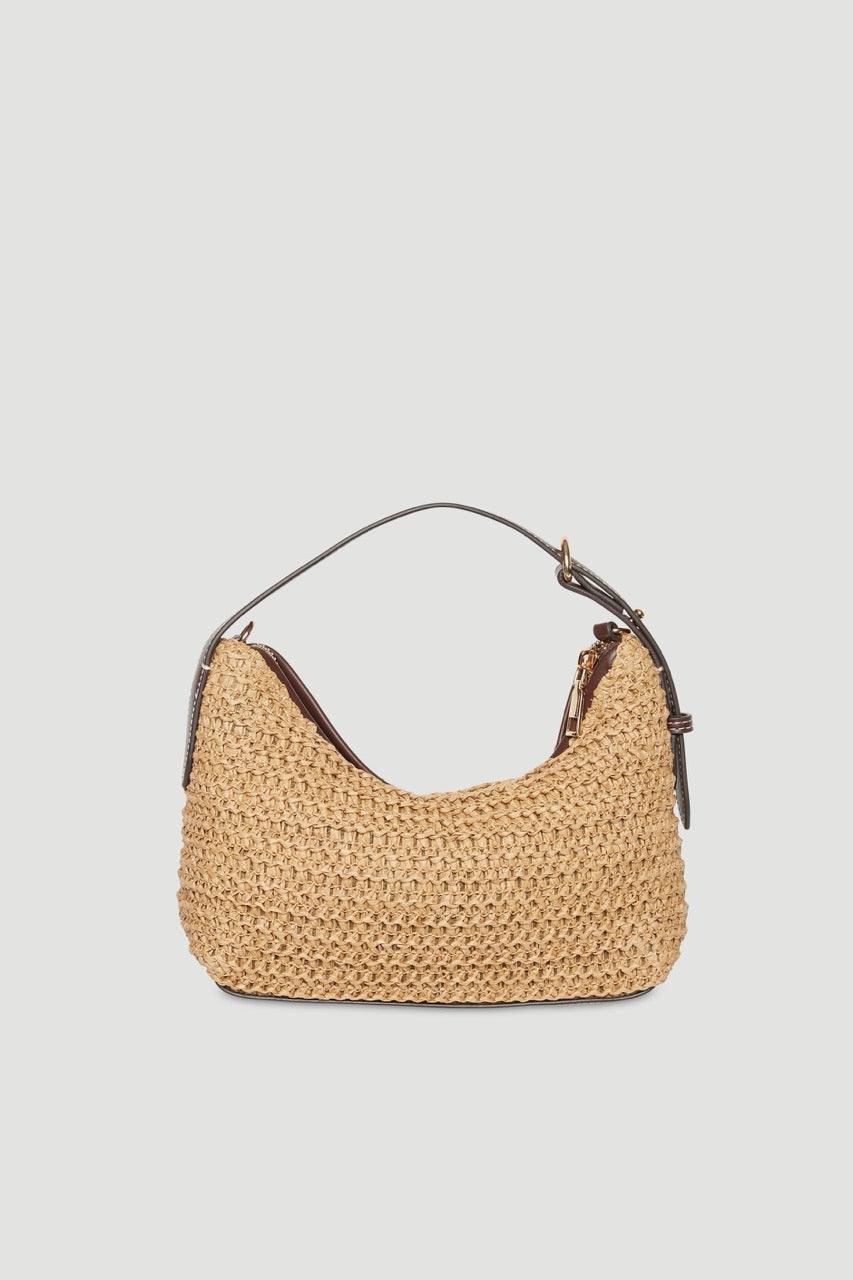 Woven paper crossbody bag with adjustable strap, zip closure and gold hardware
