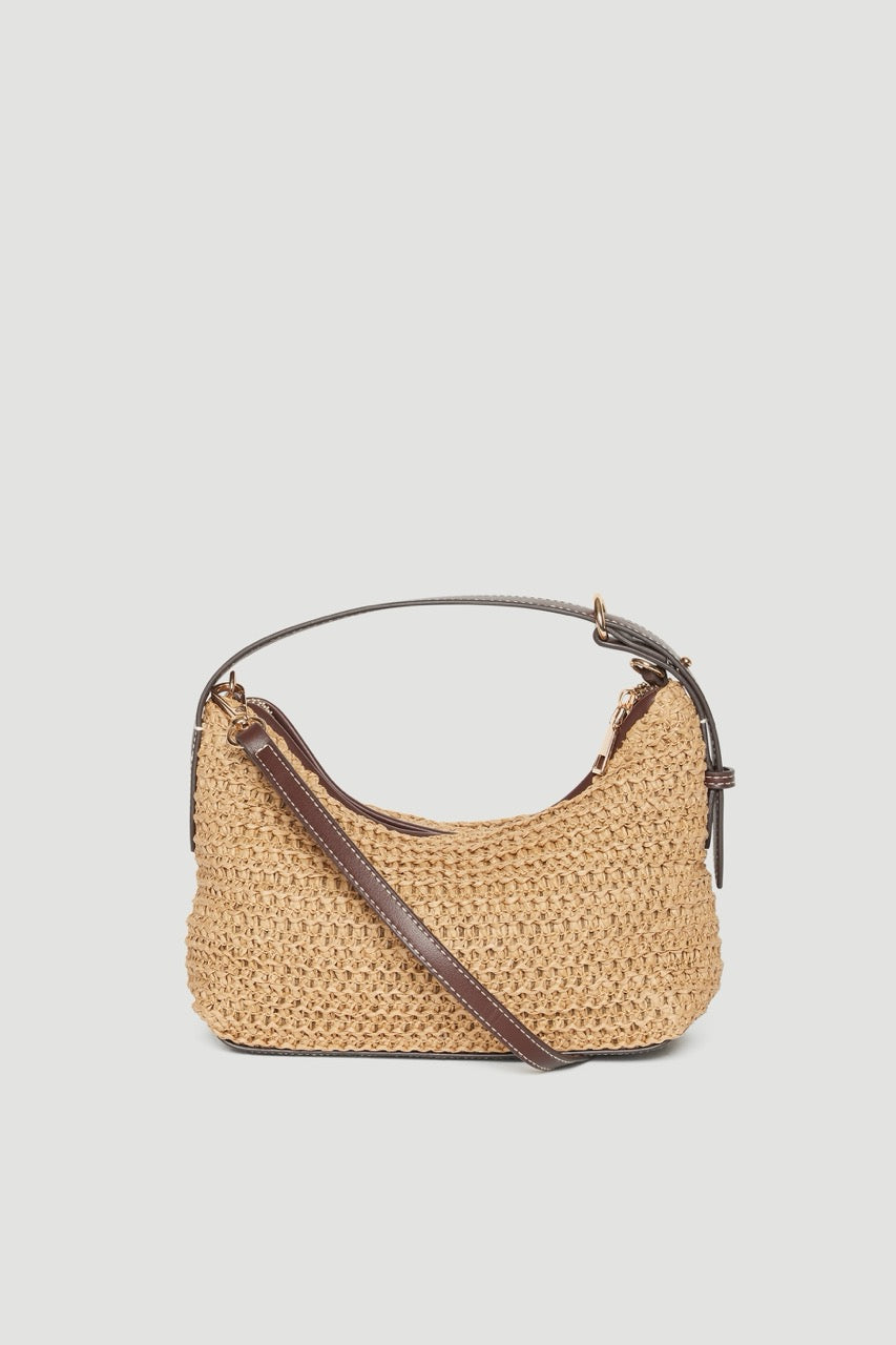 Small tan paper weave crossbody bag with brown strap, zip closure and gold hardware