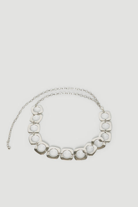 Silver chain belt with linked circular details and a lobster clasp