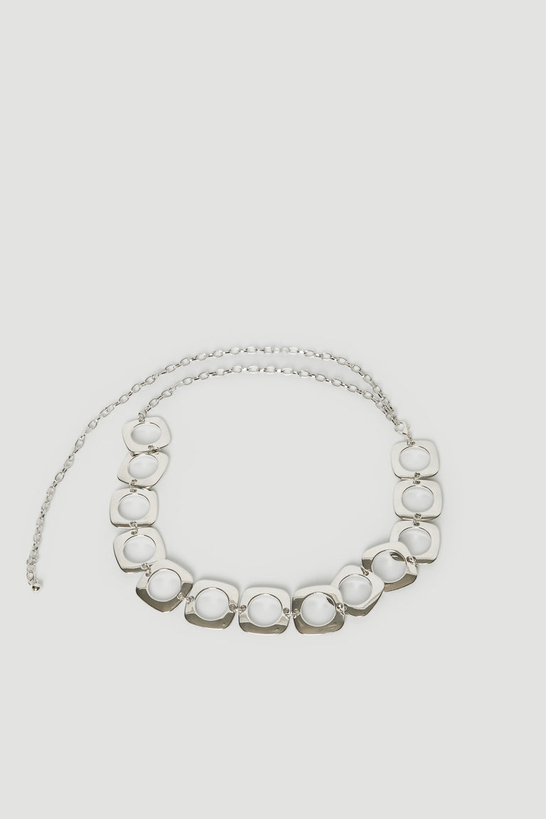 Silver chain belt with linked circular details and a lobster clasp