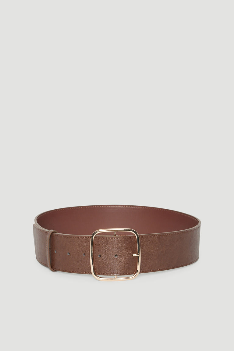 Brown wide belt with a large square gold buckle