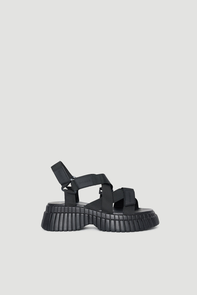 Black platform sandals with chunky ridged soles, open toes and adjustable hook and loop straps