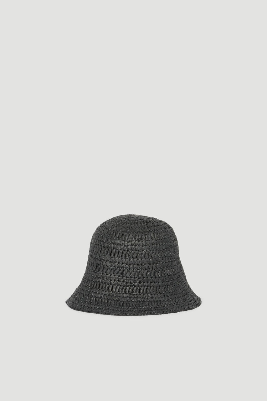 Black paper weave bucket hat with a gently flared brim and lightweight design