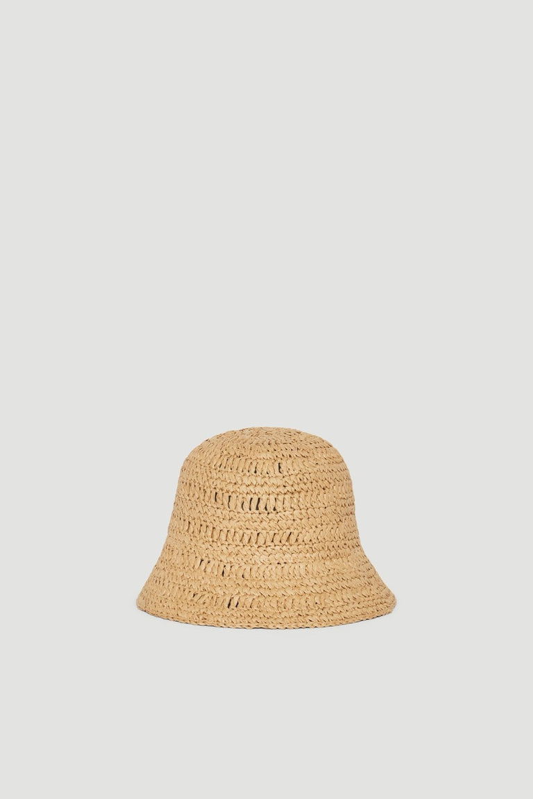 Natural paper weave bucket hat in a light tan shade with a softly curved brim