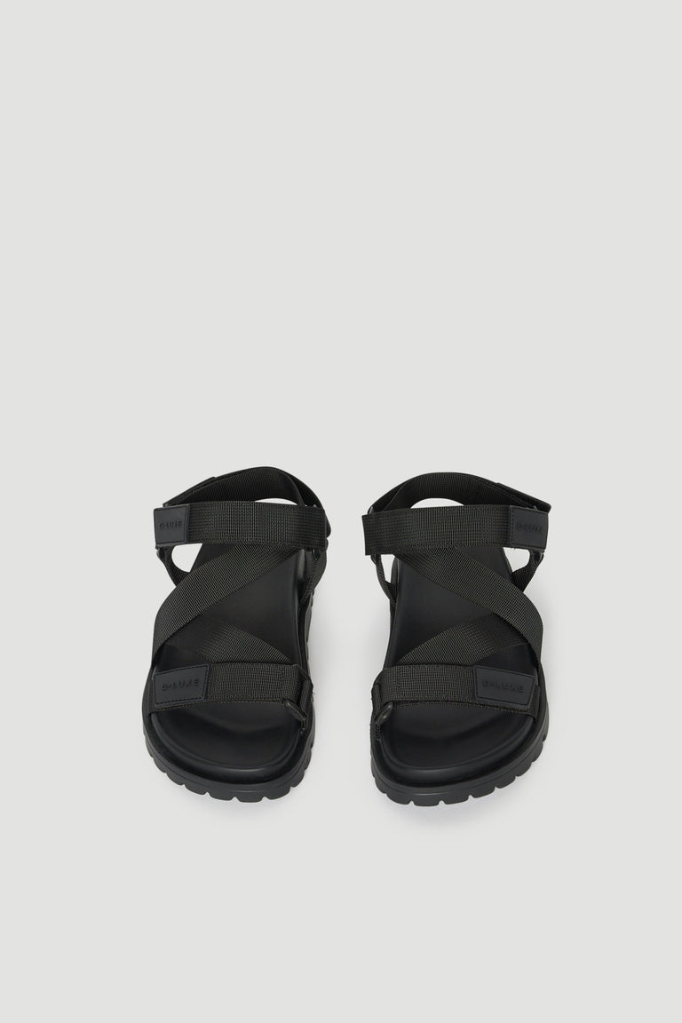 Pair of black sandals with crossover straps, padded soles and comfortable back straps