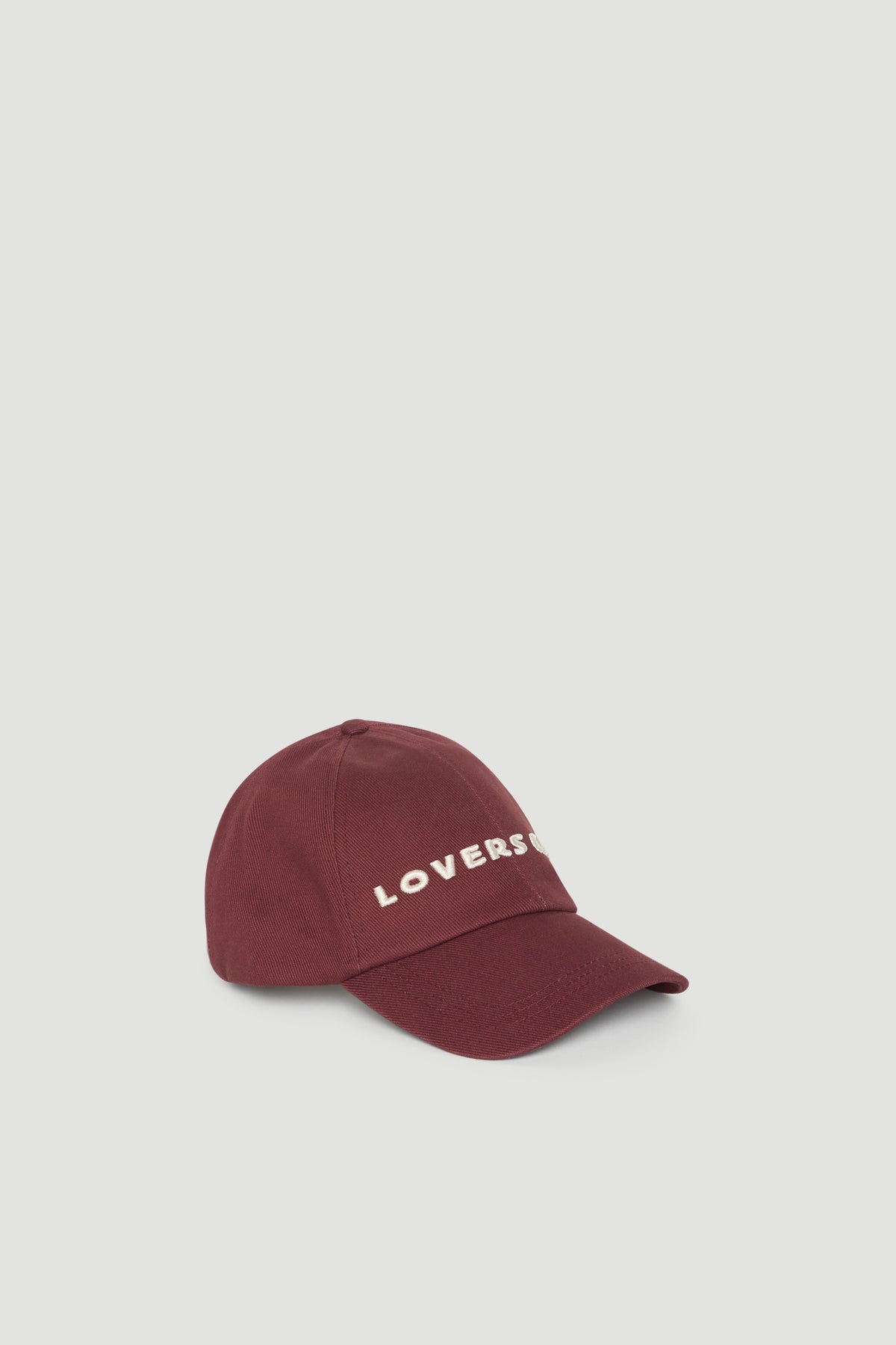 Burgundy baseball cap with embroidered Lovers logo and curved brim