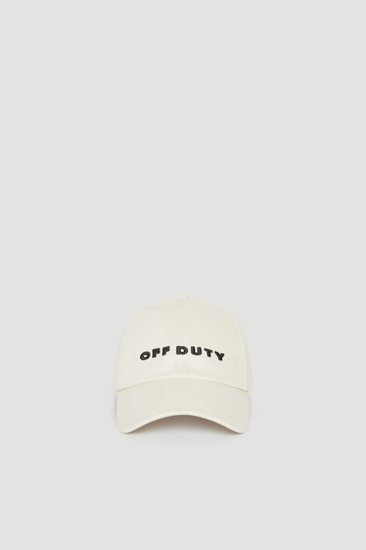 Cream baseball cap with embroidered Off Duty logo and curved brim