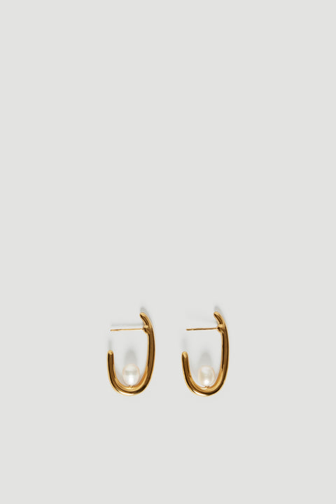 Gold oval hoop earrings with pearl drops