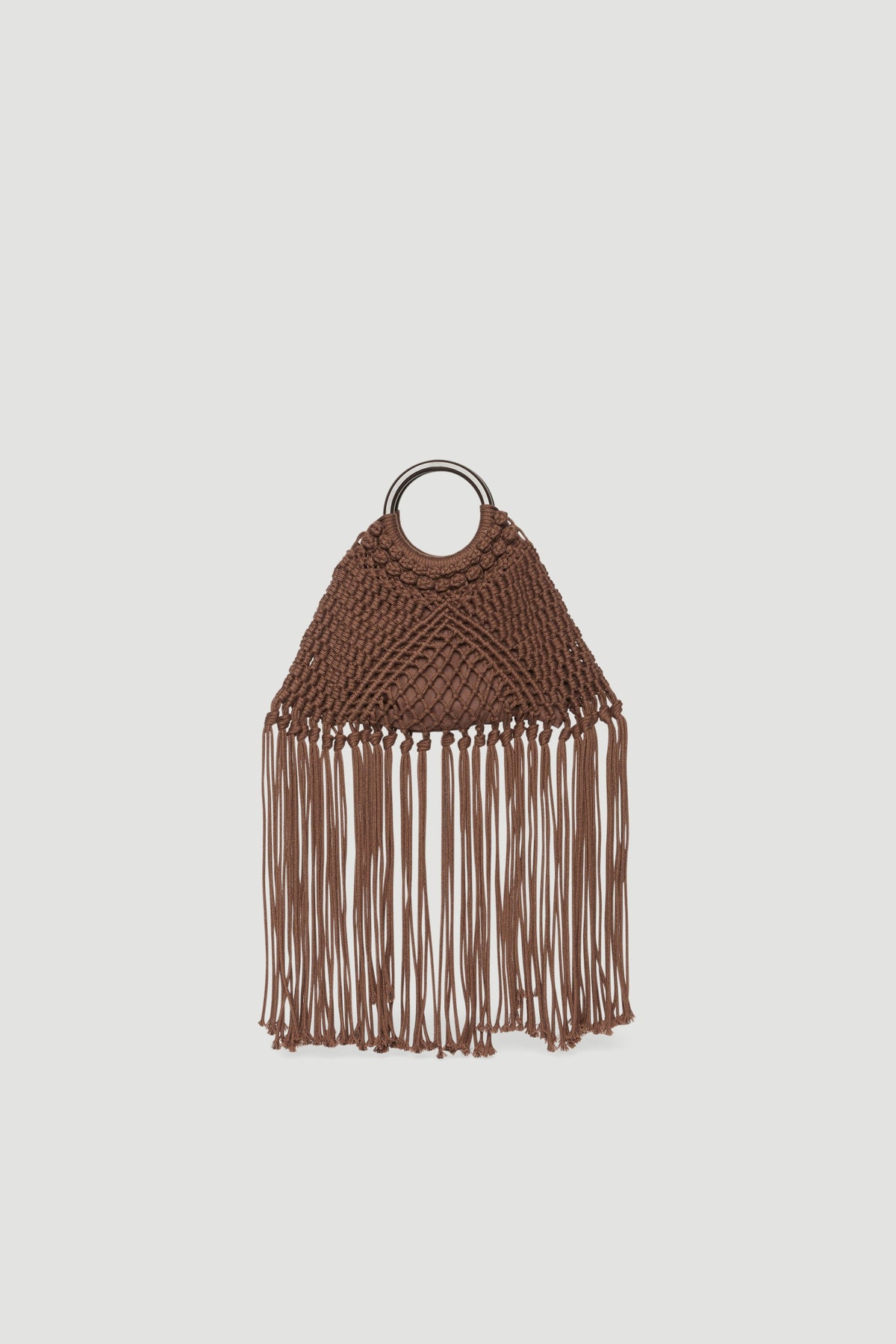 Brown crochet triangle bag with long fringe tassels and a circular handle