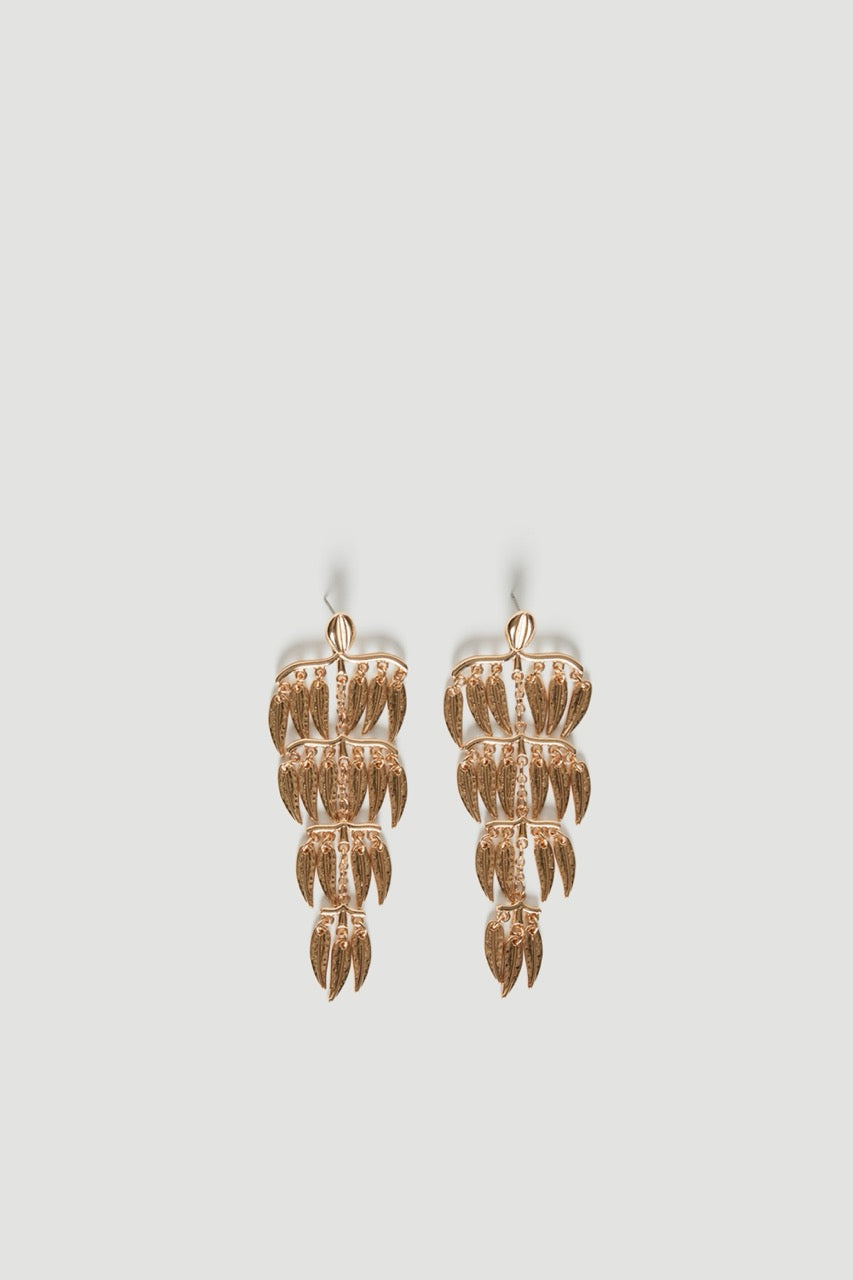 Gold hammered four-tier leaf drop earrings with lightweight statement design