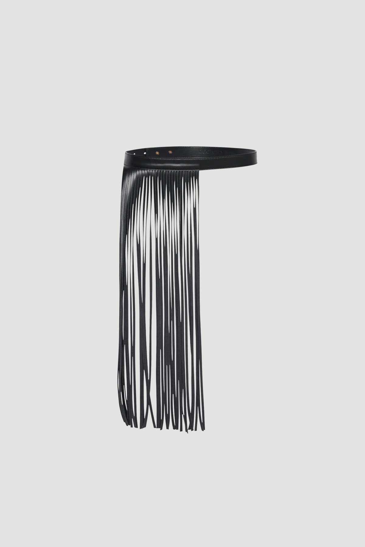 Black leather fringe belt with long cascading strands and gold hardware
