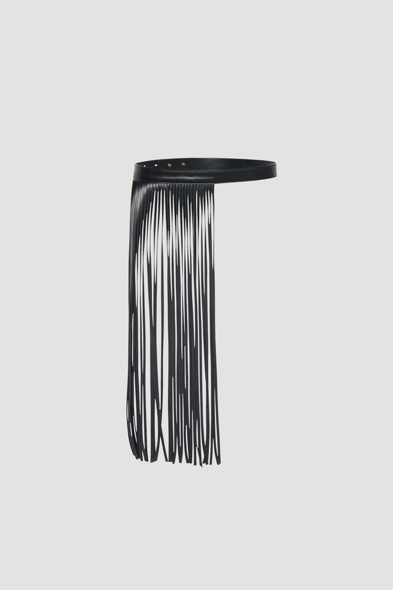 Black leather fringe belt with long cascading strands and gold hardware