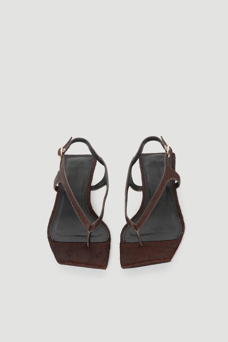 Brown leather strappy heels with square toes and adjustable ankle straps