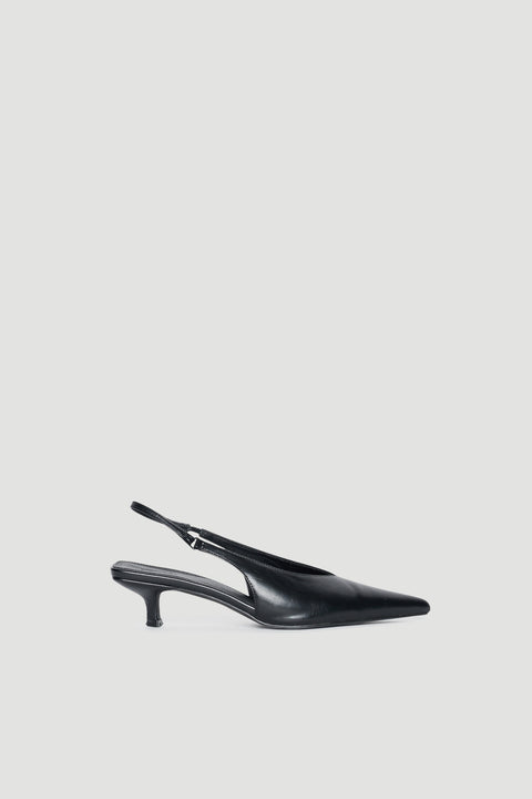 Black pointed toe slingback kitten heels with a sleek finish