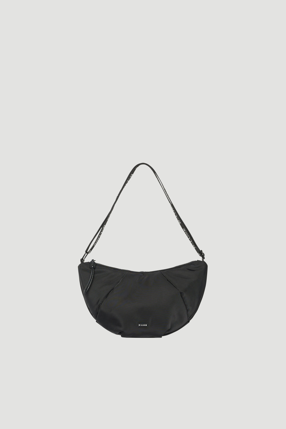 Black medium puffed crossbody bag with a curved shape and adjustable shoulder strap