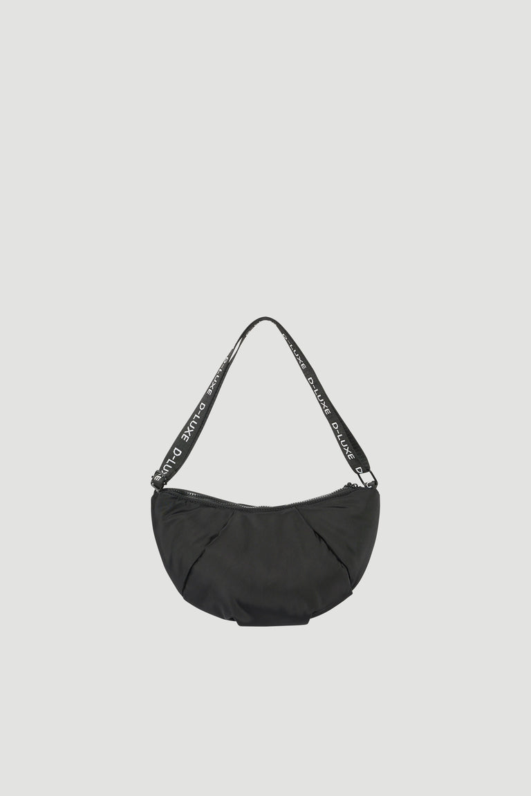 Black puffed crossbody bag with a wide shoulder strap