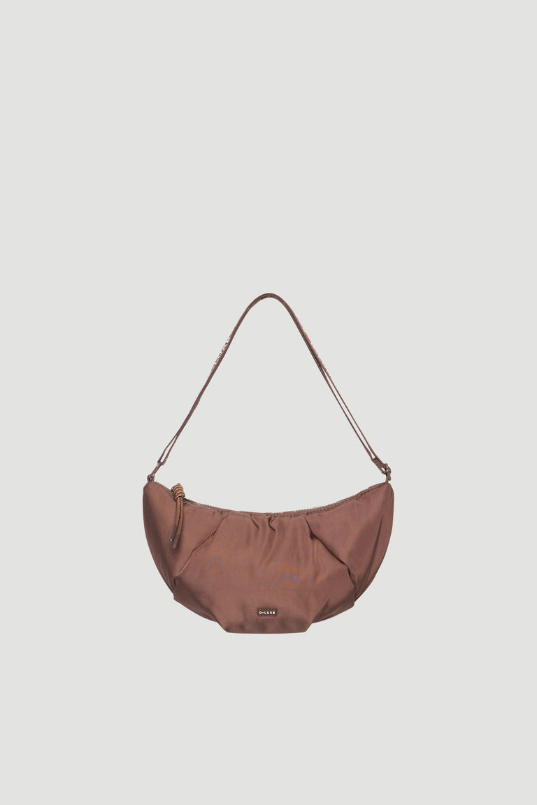 Brown medium puffed crossbody bag with a curved shape and adjustable strap