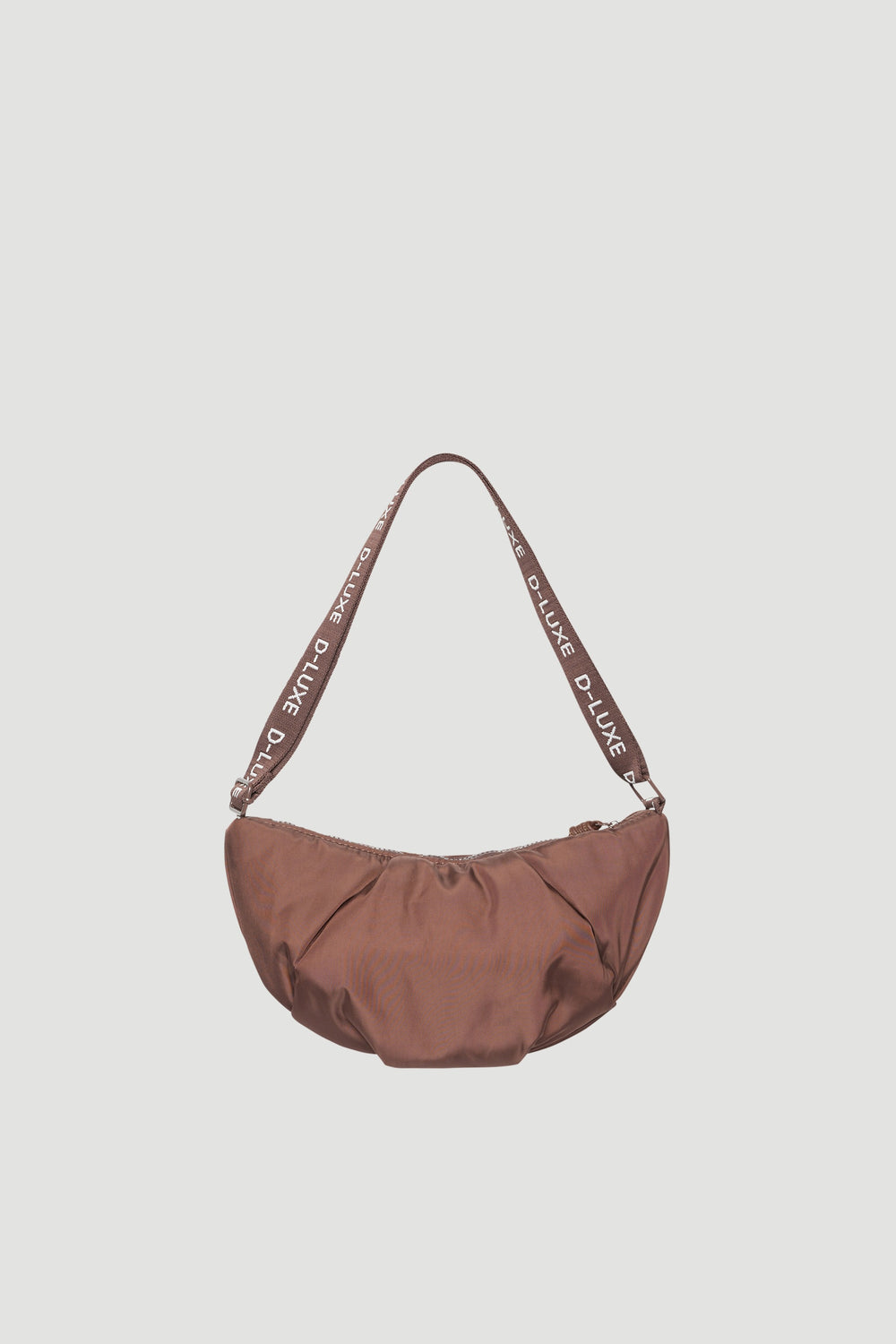 Brown puffed crossbody bag with an adjustable logo strap and curved silhouette