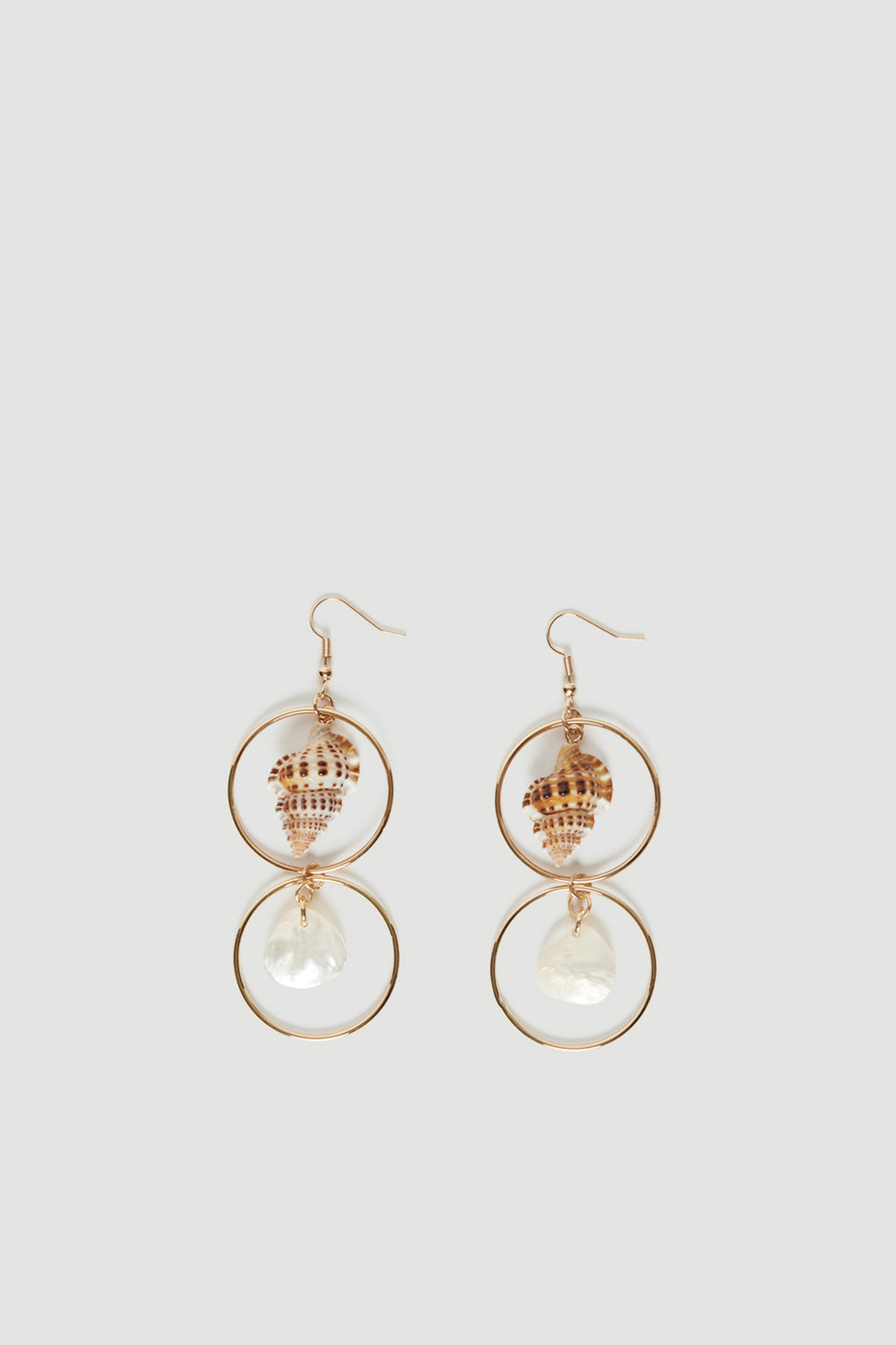 Pair of gold circle drop earrings with speckled shell and mother of pearl details