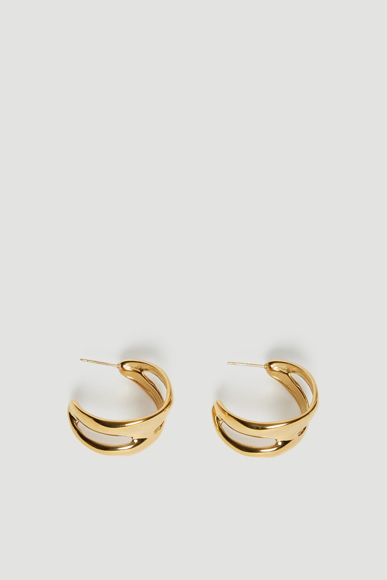 Pair of 18ct gold waterproof half moon hoop earrings on a light background